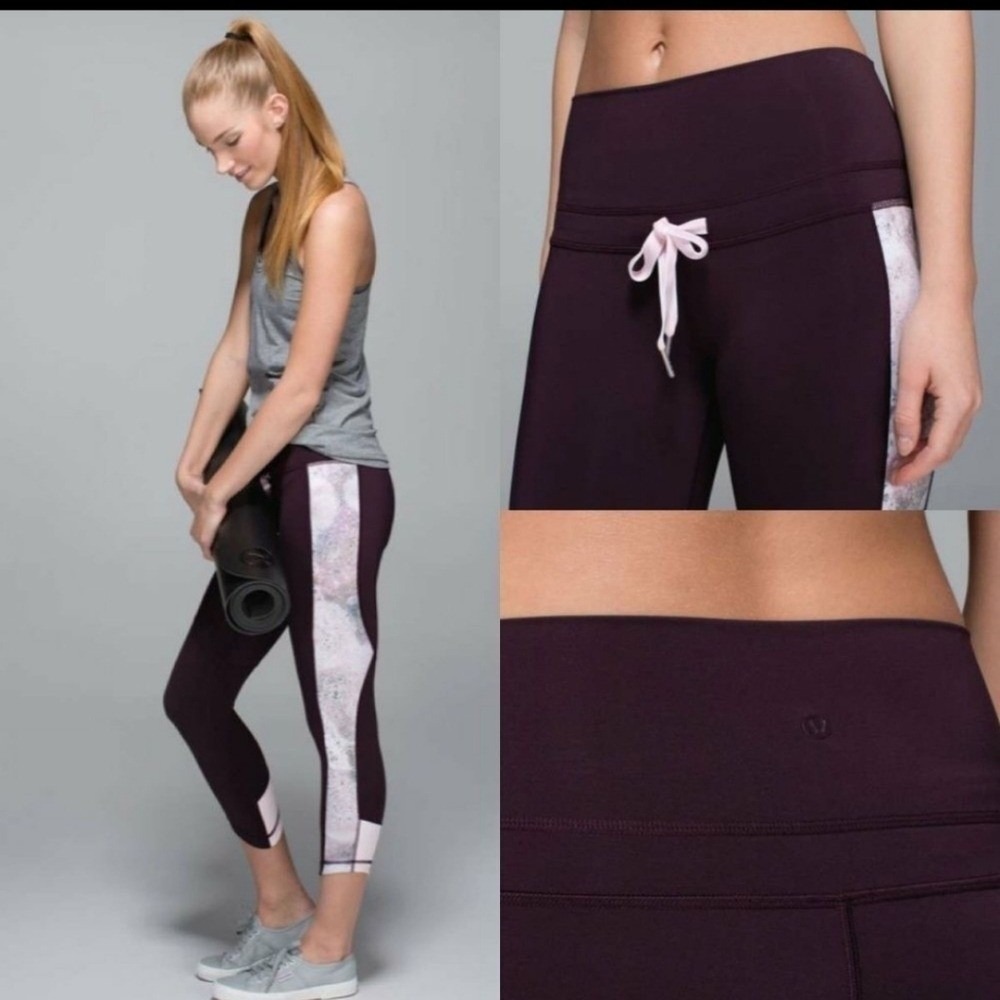 Lululemon Pace Rival Crop Leggings Black Cherry Purple Floral Side Panels